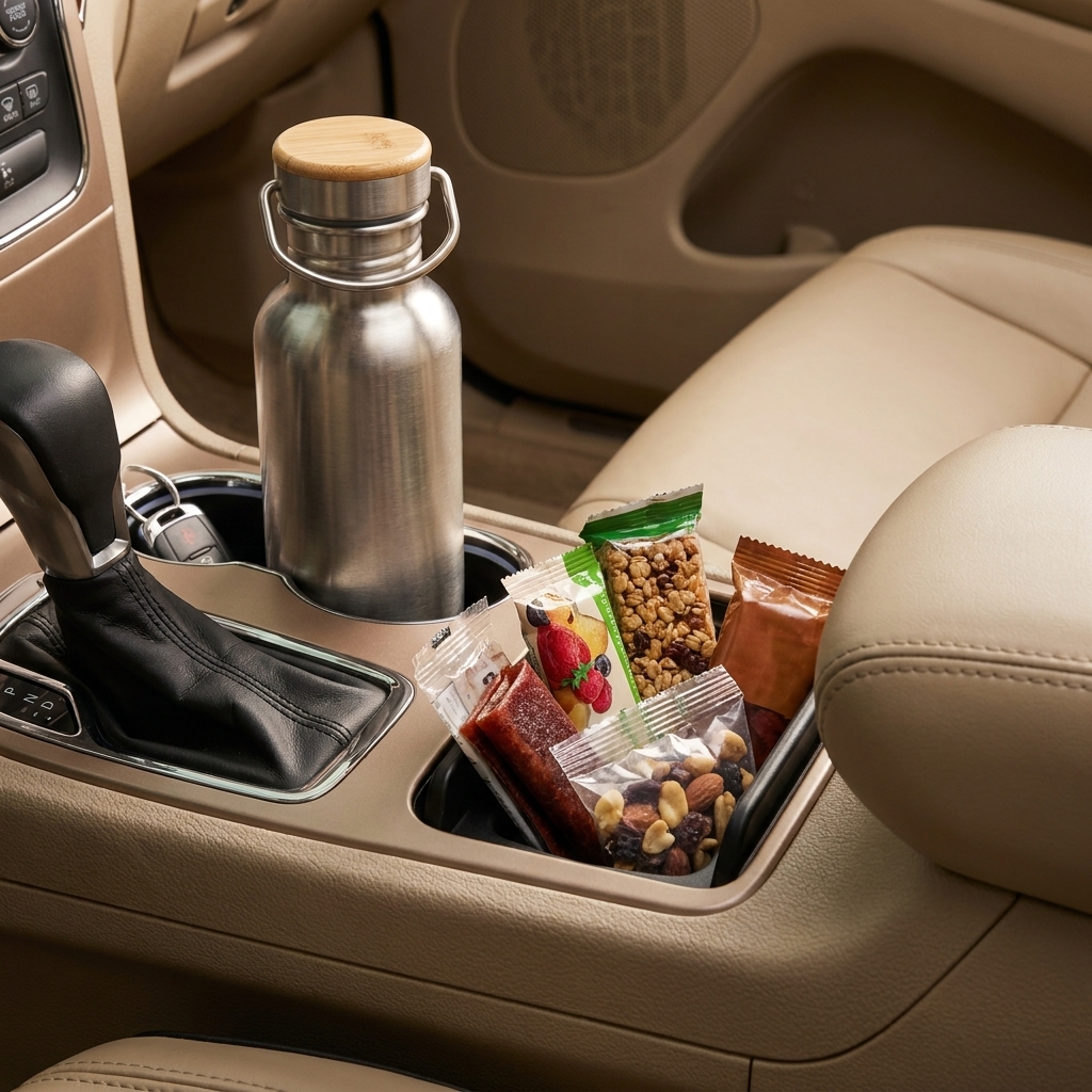 A car center console with a reusable water bottle and individually wrapped snacks ready for a commute