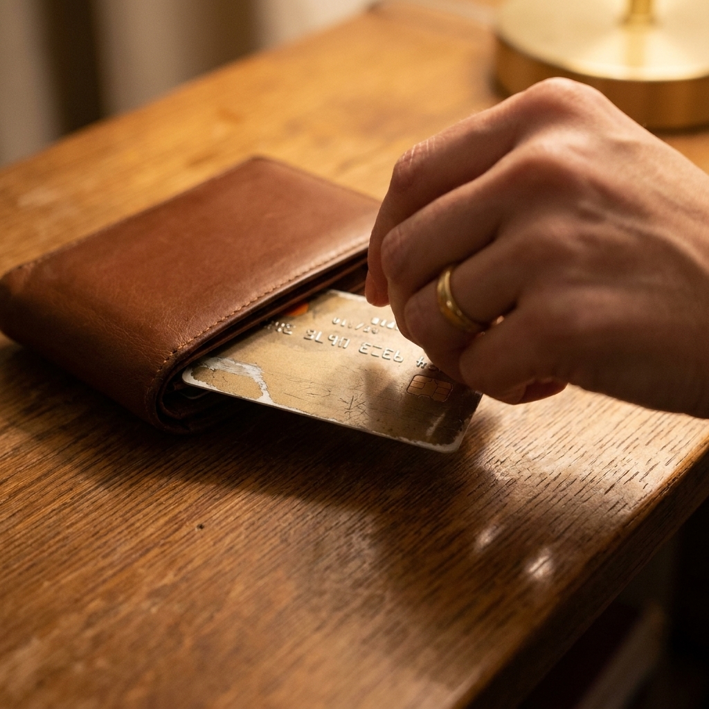 A close-up photo of a worn credit card being slid into a wallet on a wooden table, warm indoor lighting