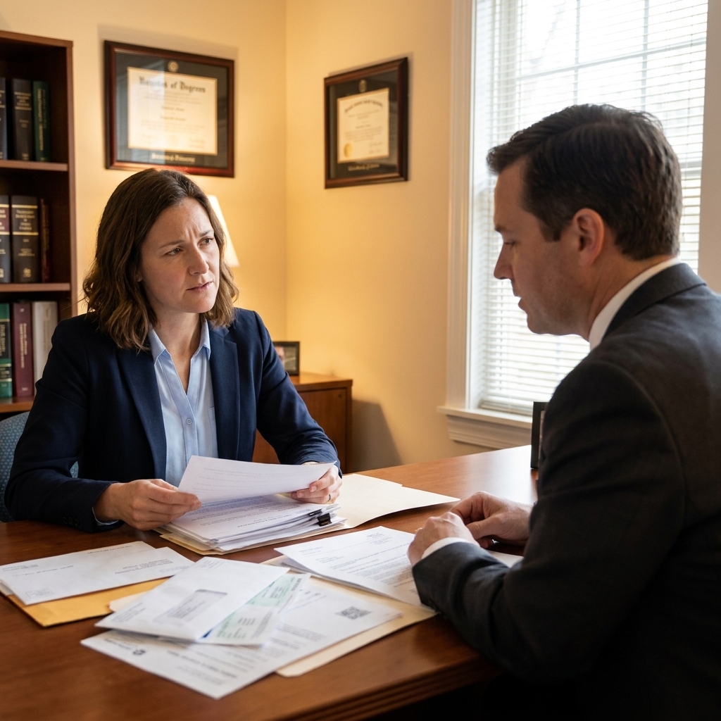 A consumer sitting across from an attorney in a small office, reviewing a folder of bills and court mail during a consultation