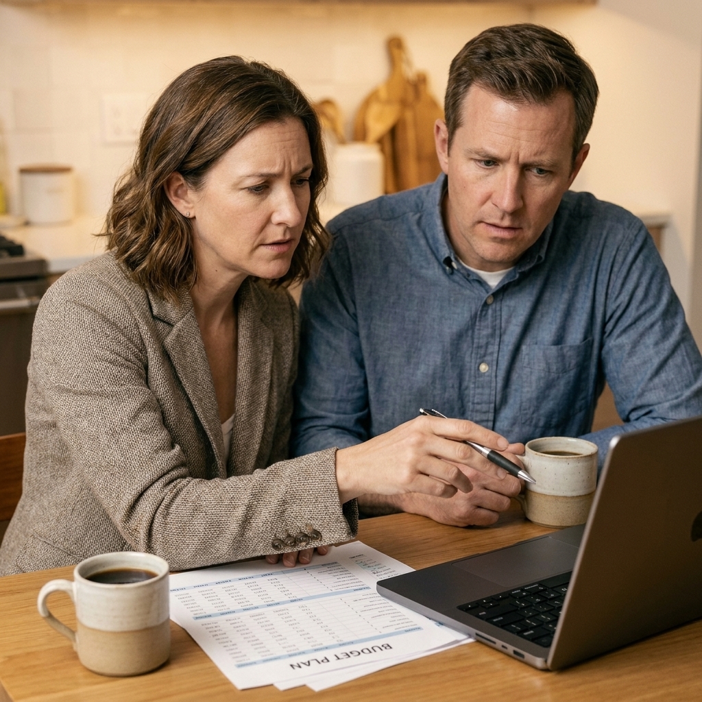 A couple at a kitchen table with a laptop and papers, discussing monthly bills and a budgeting plan with coffee mugs nearby