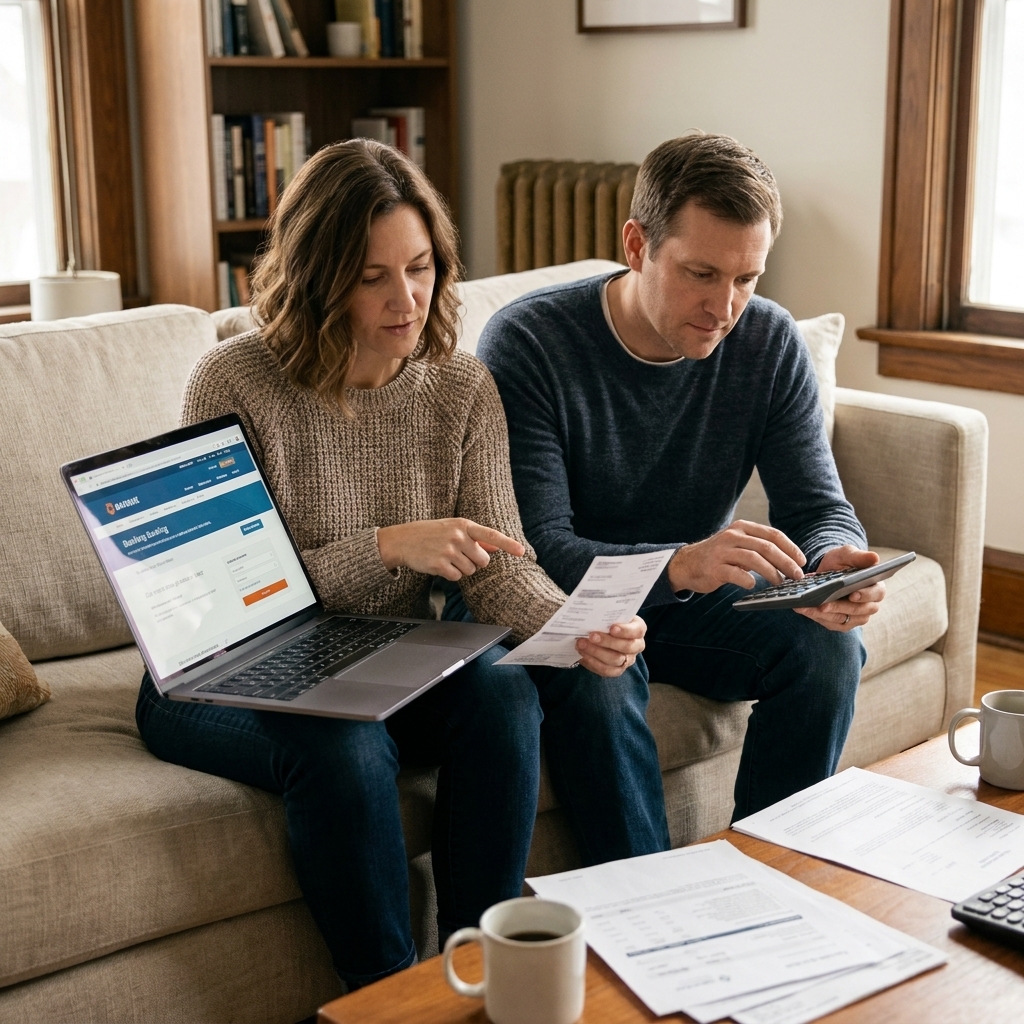 A couple on a couch with a laptop open to online banking, reviewing bills and expenses together