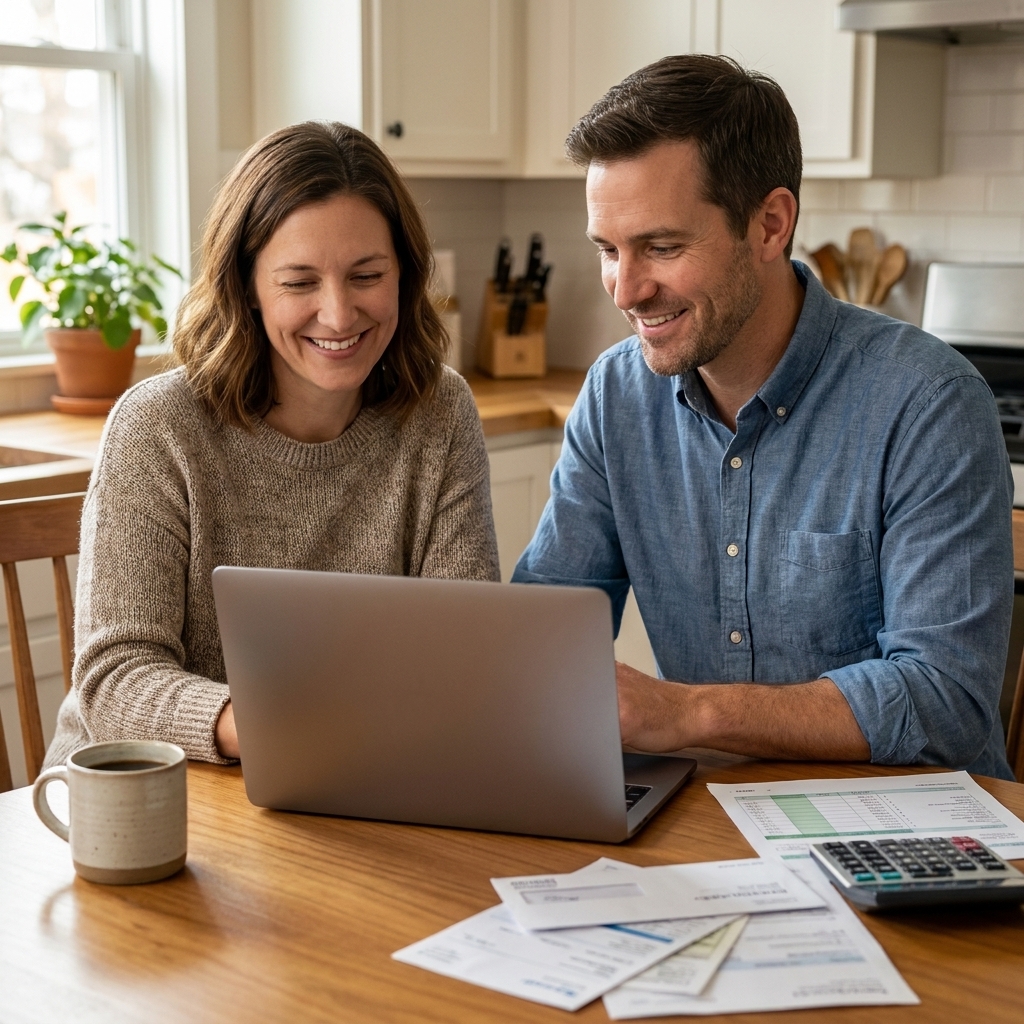 A couple reviewing a monthly budget at a kitchen table with a laptop, bills, and a cup of coffee