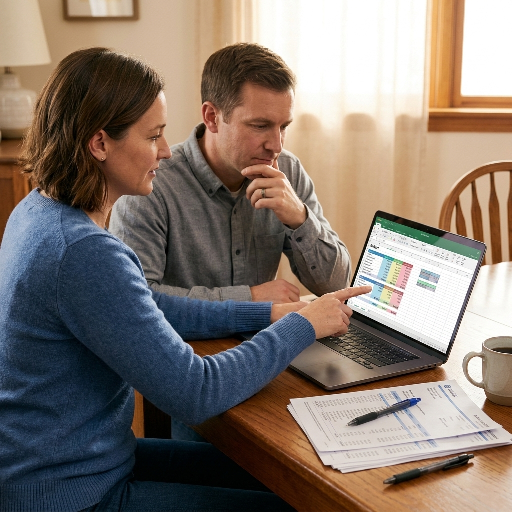 A couple sitting at a dining table reviewing a budget spreadsheet on a laptop with printed bank statements beside them