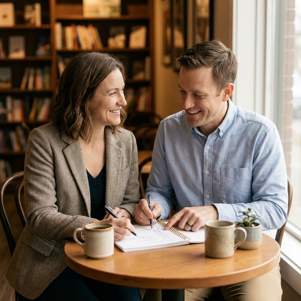 A couple sitting at a small table with coffee mugs and a notebook open, having a calm budget check-in