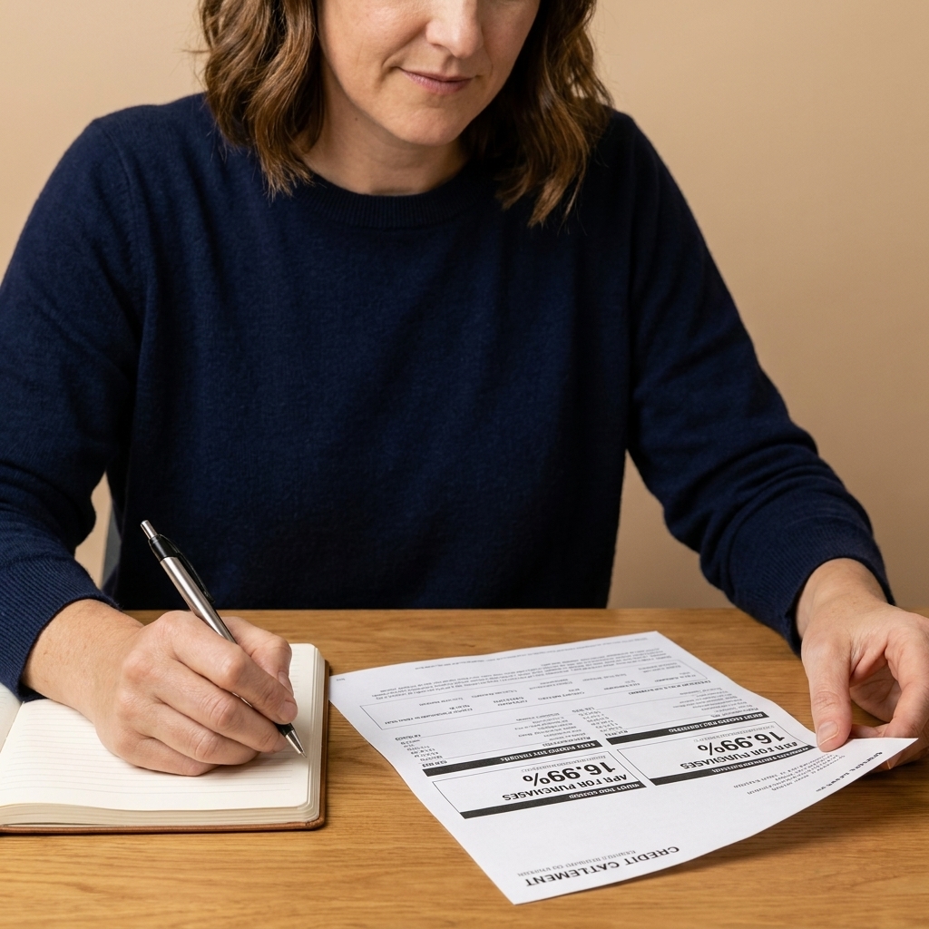A credit card statement on a table with the APR section visible while someone holds a pen to take notes