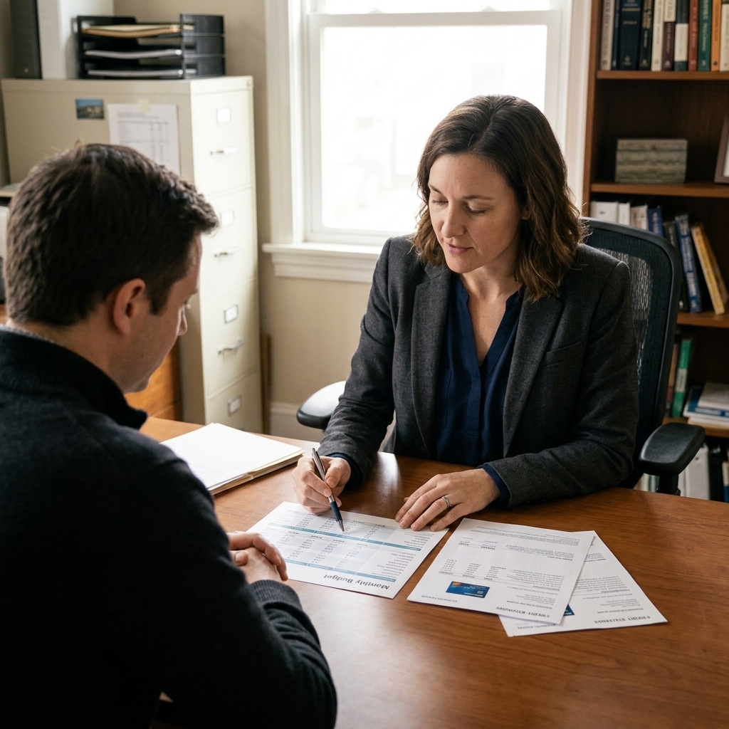 A credit counselor and a client sitting in a small office reviewing a printed monthly budget and credit card statements