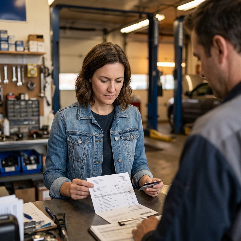 A customer standing at an auto repair shop counter reviewing a bill and holding a payment card