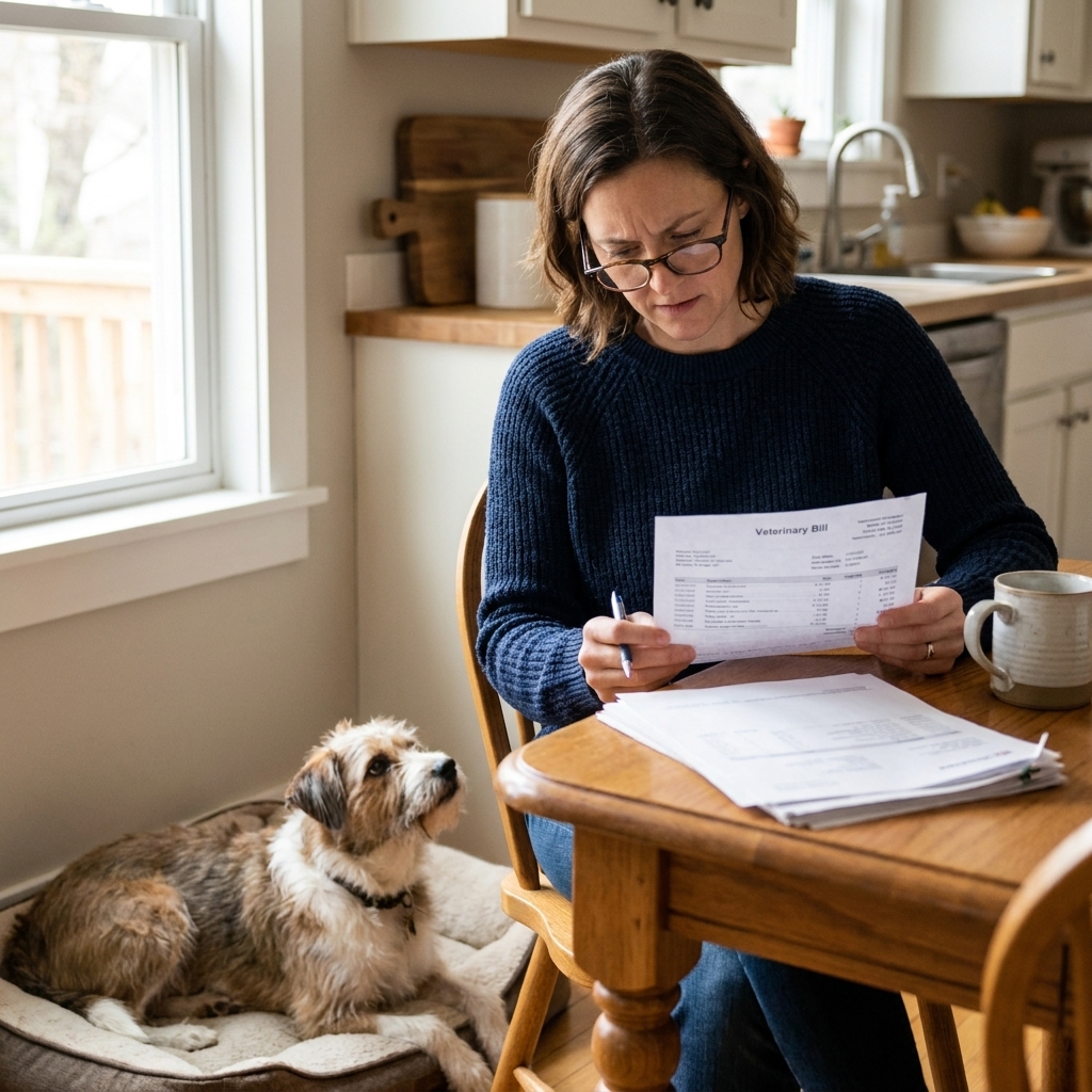 A dog owner sitting at a kitchen table reviewing a veterinary bill while their medium-sized dog rests nearby