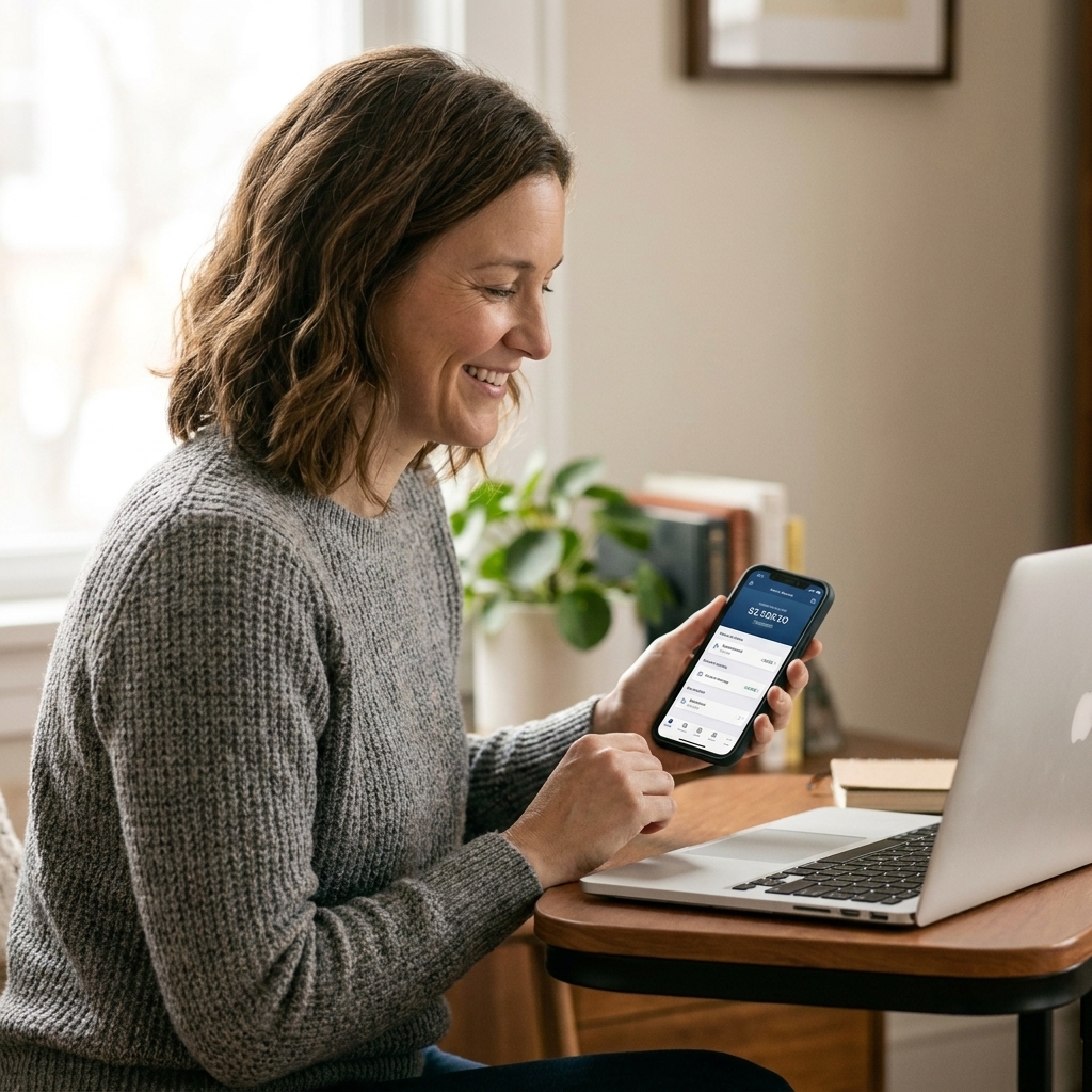 A freelancer holding a phone and checking a banking app balance while sitting at a small desk with a laptop nearby
