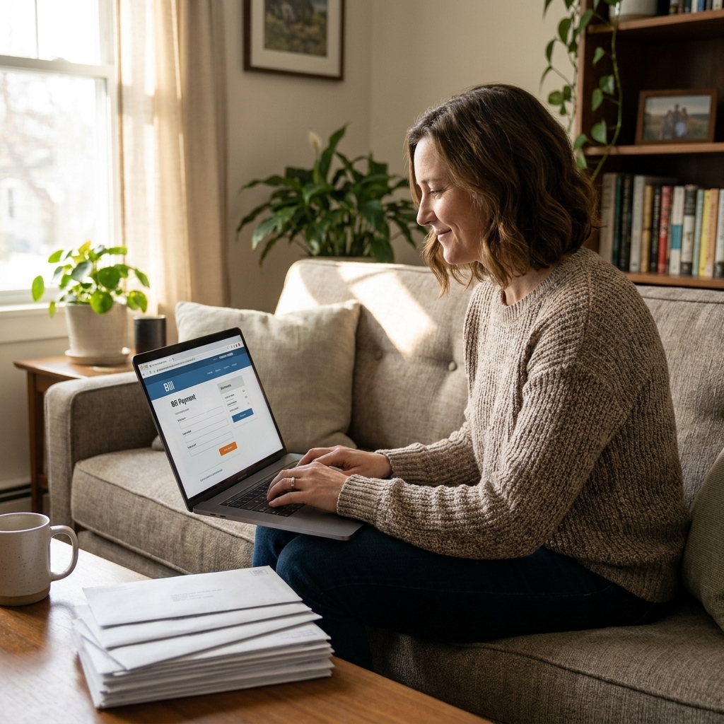A gig worker sitting on a couch with a laptop and a stack of unopened mail, paying bills online in a home living room