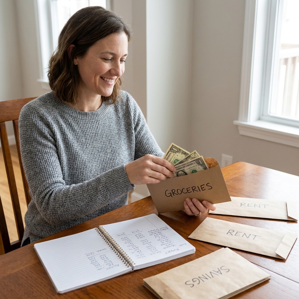 A hand placing cash into labeled paper envelopes on a dining table, with a simple budget notebook nearby