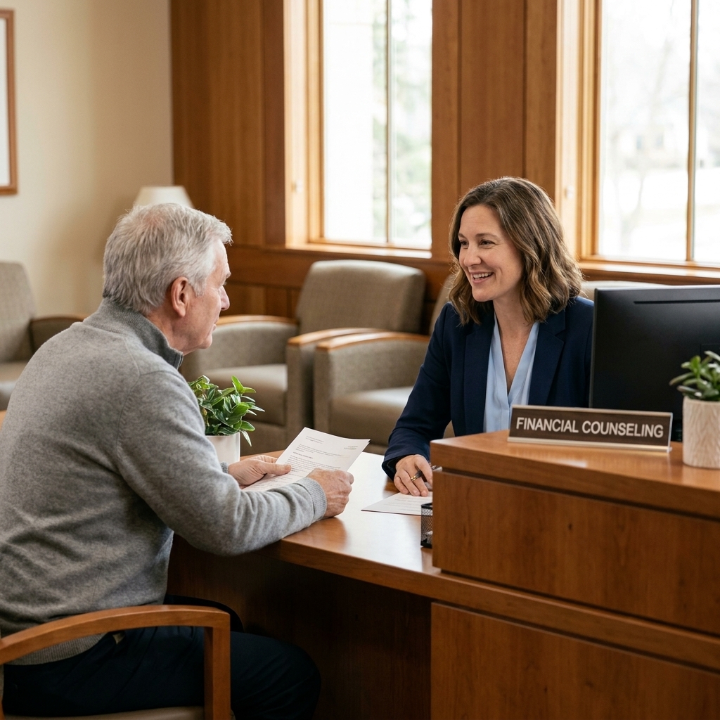 A hospital financial counseling desk with a staff member speaking with a patient across a counter in a quiet lobby