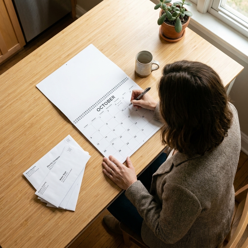 A kitchen table with a paper calendar, a pen, and a small stack of unopened bills, overhead view