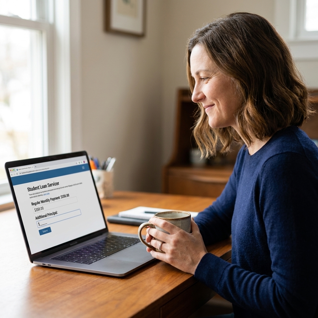 A laptop displaying an online student loan payment portal with fields for the regular payment and an additional amount