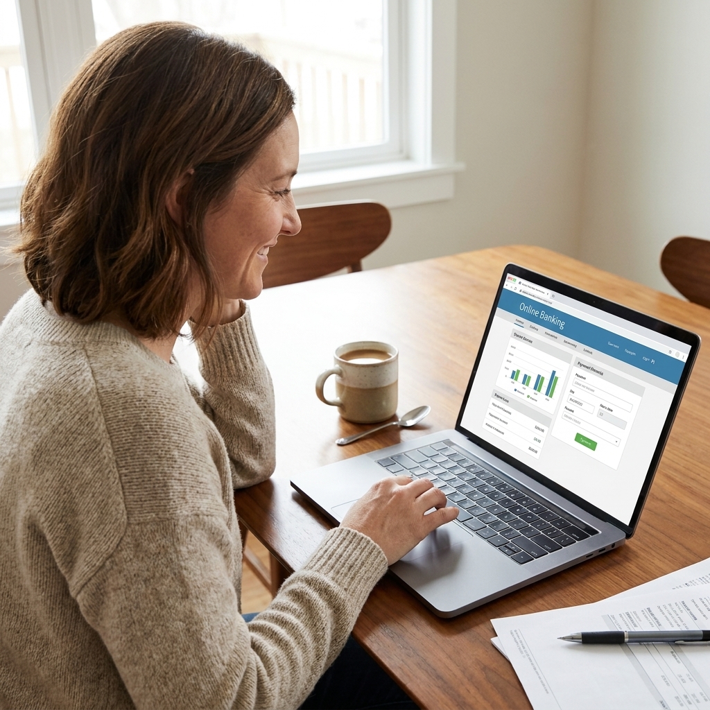 A laptop open to an online banking bill-pay screen on a dining table with a cup of coffee beside it