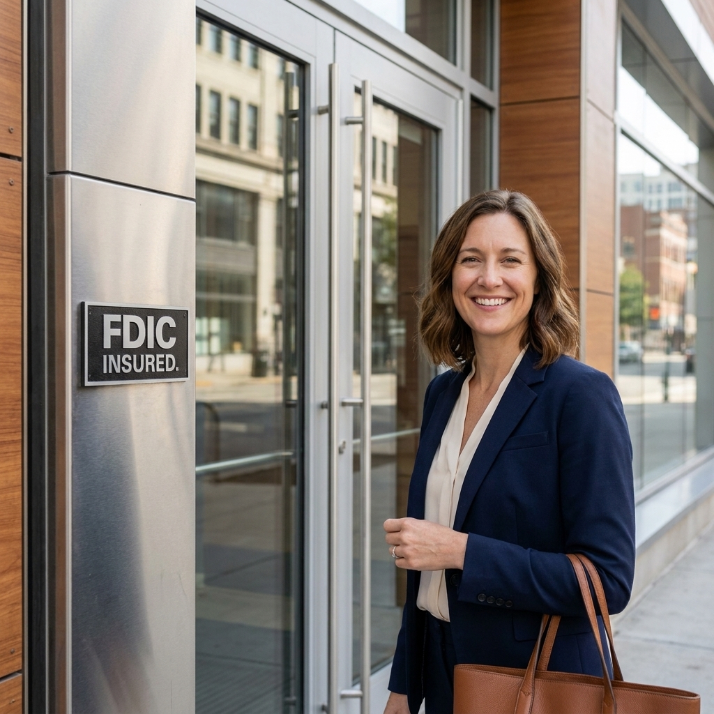 A modern bank entrance with a visible FDIC sign near the door