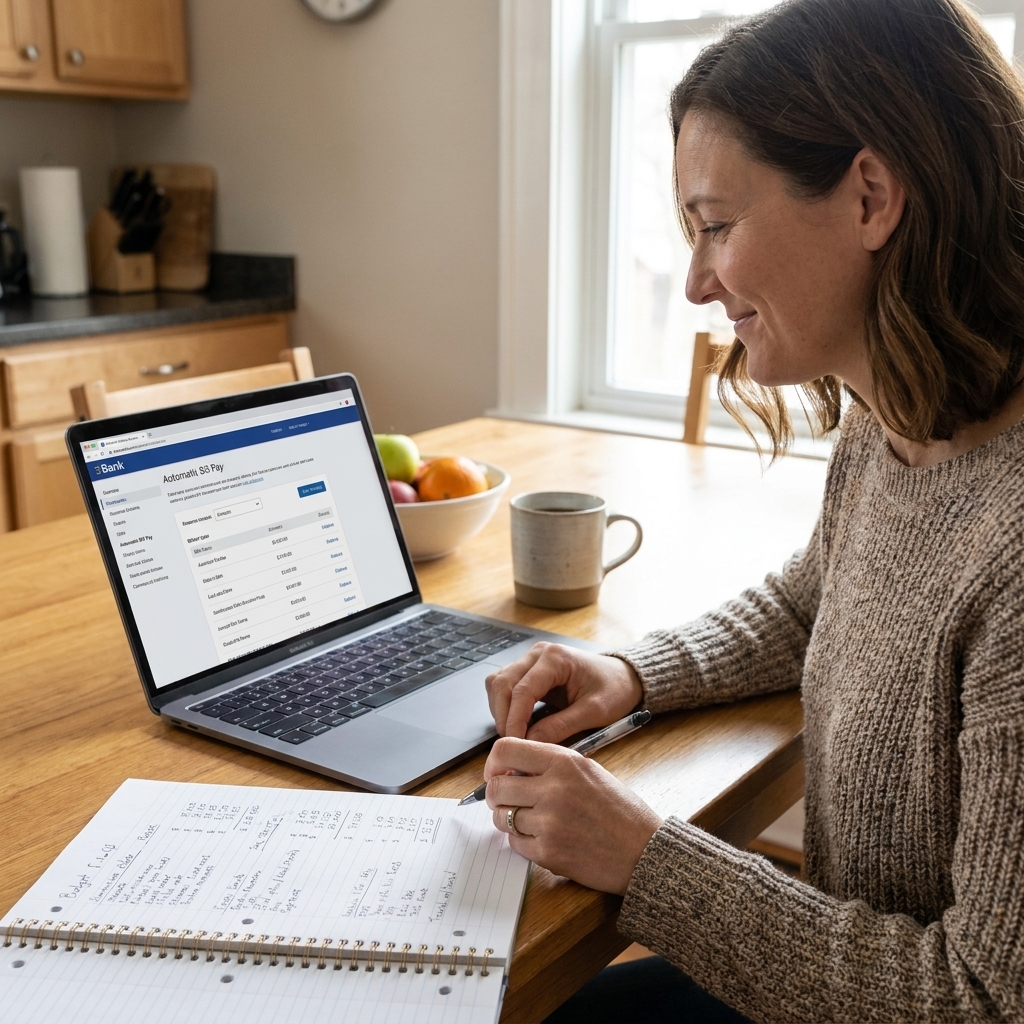 A notebook with a handwritten budget on a kitchen table next to a laptop showing automatic bill payment settings.