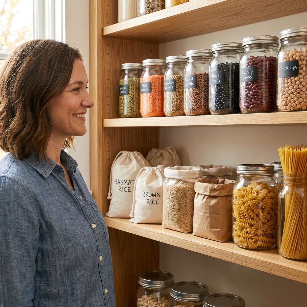A pantry shelf with clear jars of dried lentils and beans next to bags of rice and pasta, neatly organized in a home kitchen