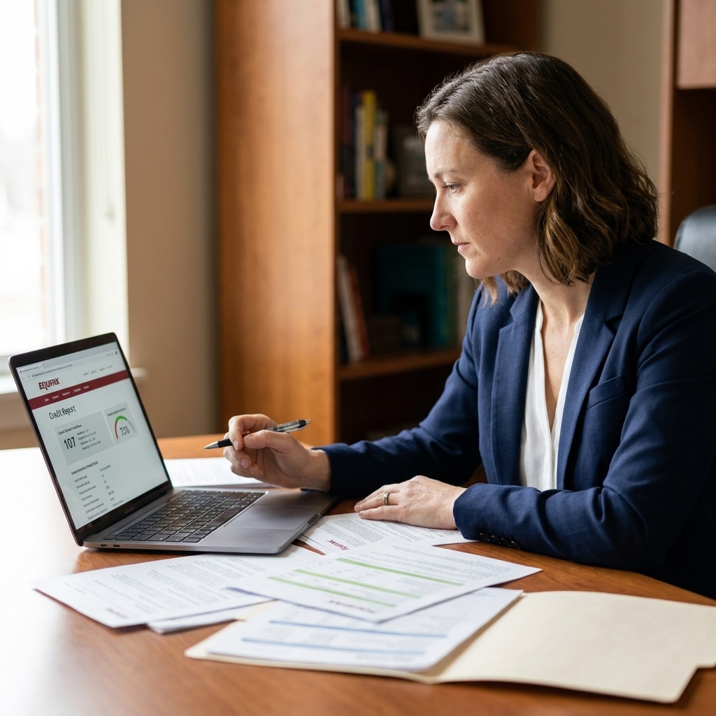 A person at a desk reviewing a credit report on a laptop screen with papers spread out, focused and organized