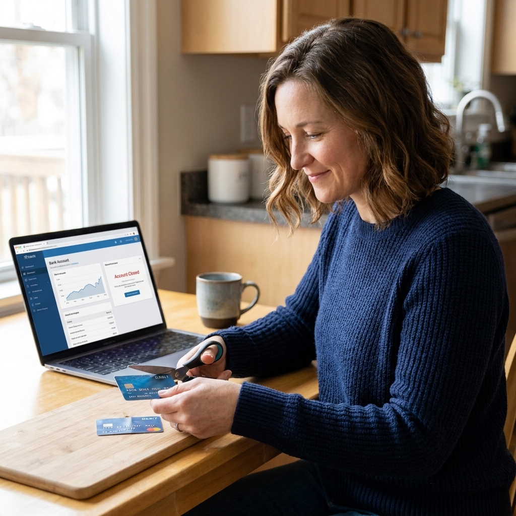 A person at a kitchen table cutting an old debit card with scissors while a laptop with a bank account dashboard sits nearby