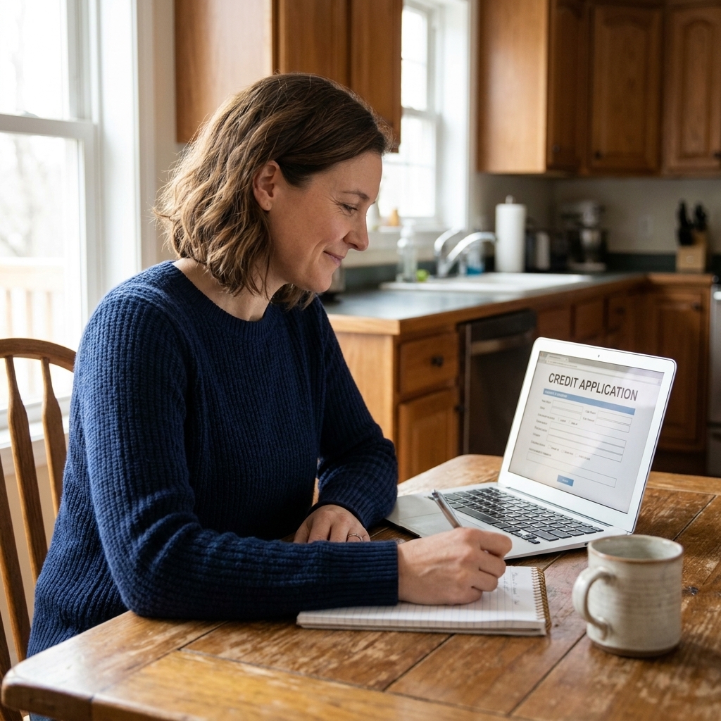 A person at a kitchen table filling out an online credit application on a laptop with a notebook nearby
