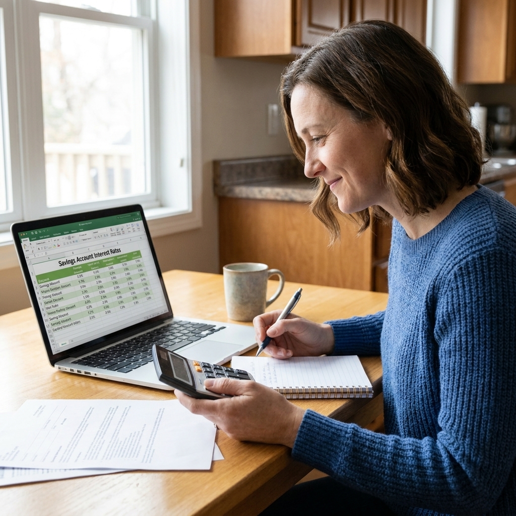 A person at a kitchen table looking at a laptop with a calculator and a notebook while comparing savings account interest rates