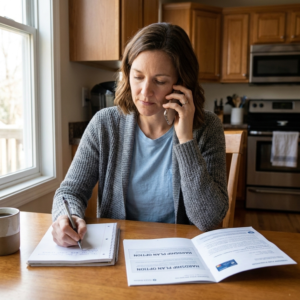 A person at a kitchen table making a phone call with a credit card statement and notebook open, writing down notes about a hardship plan