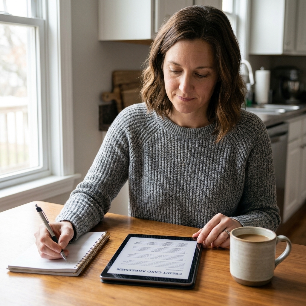A person at a kitchen table reviewing a credit card agreement on a tablet while taking notes in a notebook, with a cup of coffee nearby