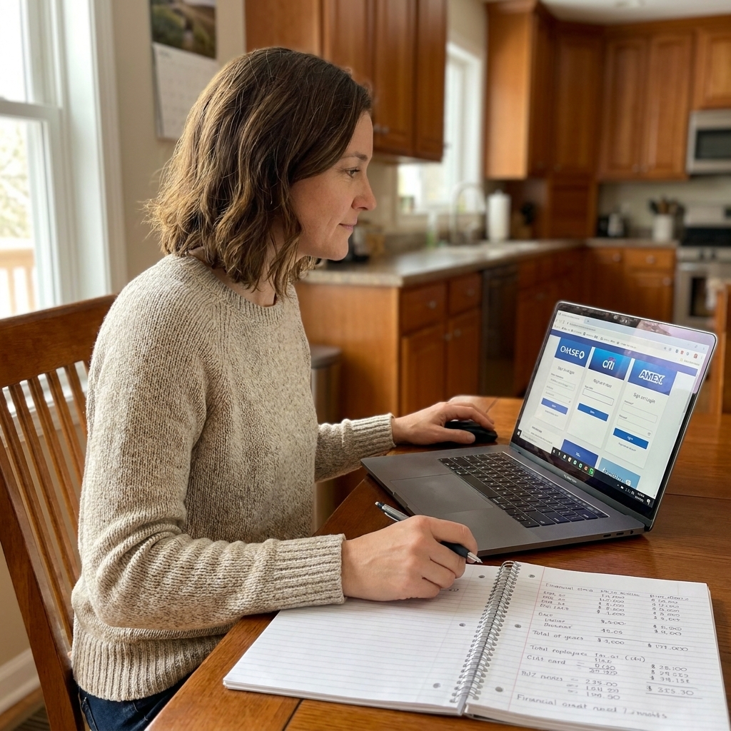 A person at home using a laptop to log into multiple credit card accounts, with a notebook open beside them