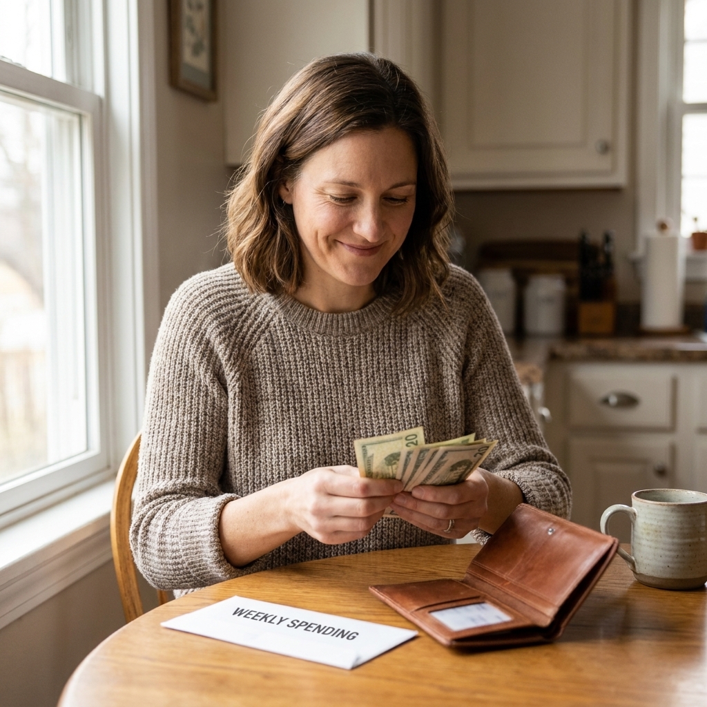 A person counting a small stack of cash next to a wallet at a kitchen table, preparing cash for a weekly spending envelope