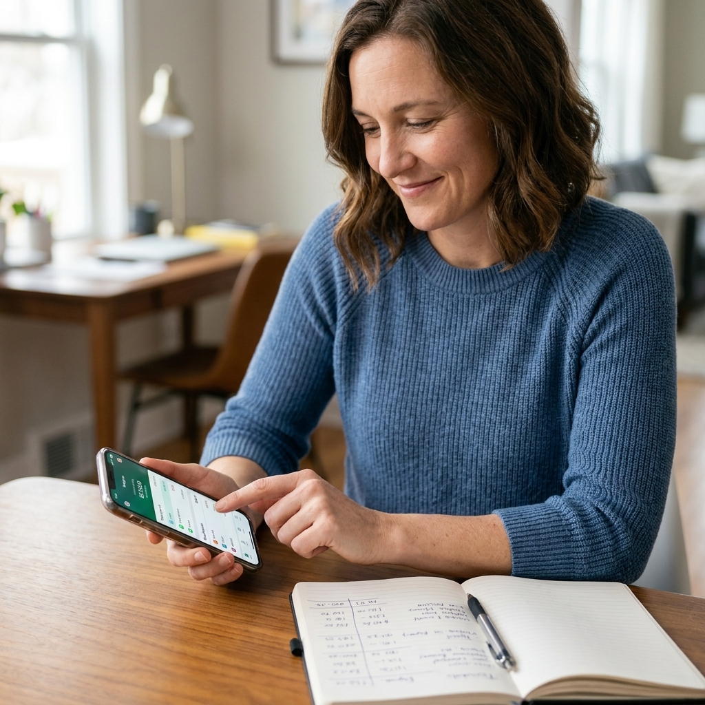 A person entering expenses into a budgeting app on a smartphone while a notebook sits open on the table