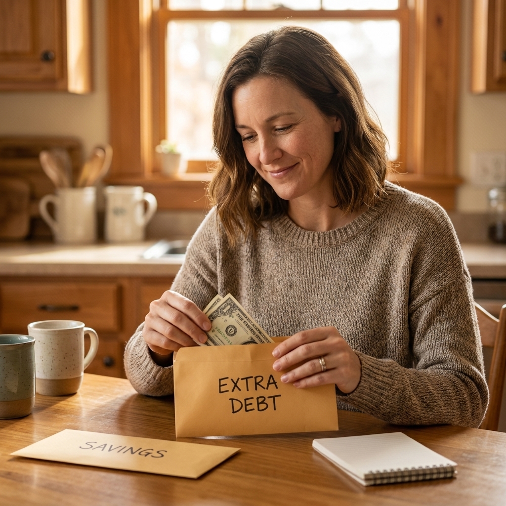 A person holding a cash envelope at a kitchen table, setting aside money for an extra debt payment and savings