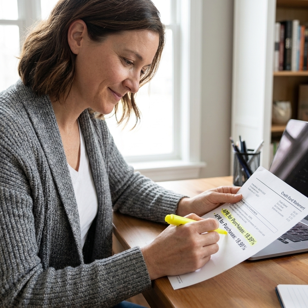 A person holding a credit card statement and highlighting the APR line with a pen while sitting at a desk