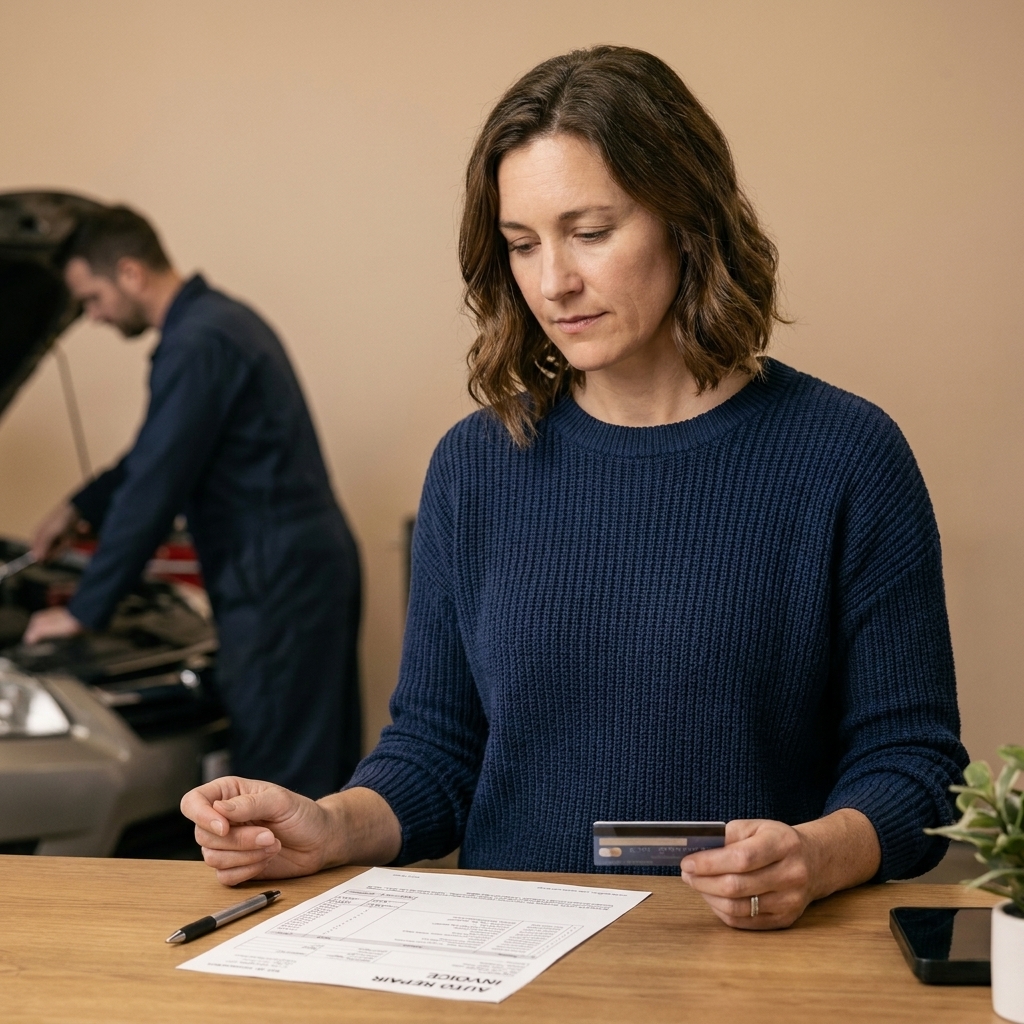 A person holding a credit card while looking at an auto repair invoice at a service counter