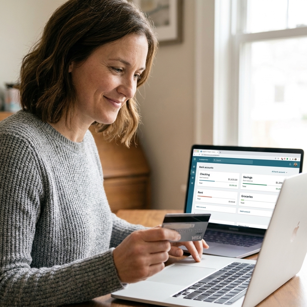 A person holding a debit card while looking at multiple bank account balances on a laptop, showing a simple separated-accounts budgeting setup