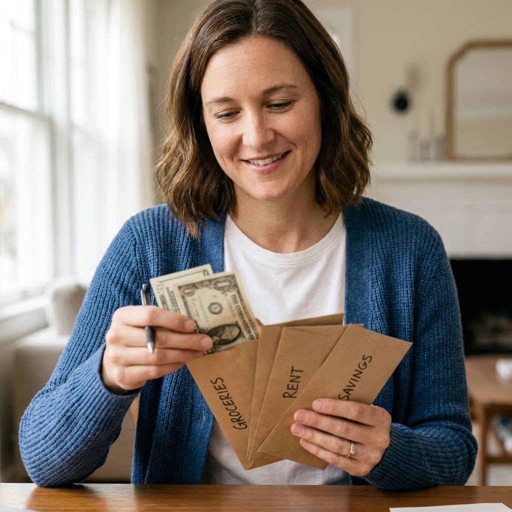 A person holding a few labeled cash envelopes at a table, organizing money for different budget categories