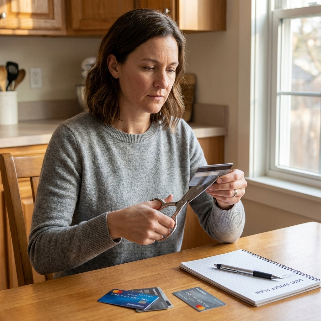 A person holding a pair of scissors near a credit card at a kitchen table, preparing to stop using the card while paying down debt