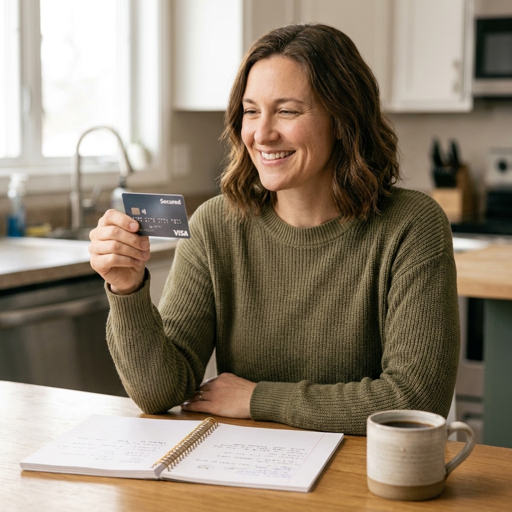 A person holding a secured credit card at a kitchen table with a notebook and a cup of coffee.
