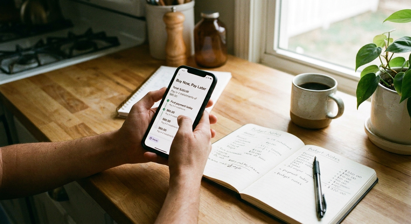 A person holding a smartphone open to a Buy Now, Pay Later payment schedule screen at a kitchen table with a notebook and pen nearby