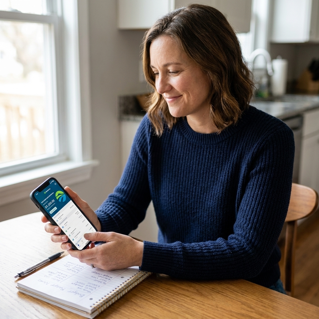 A person holding a smartphone open to a banking app while sitting at a kitchen table with a notebook