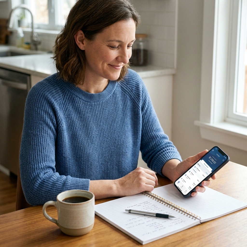 A person holding a smartphone open to a banking app while sitting at a kitchen table with a notebook and a cup of coffee
