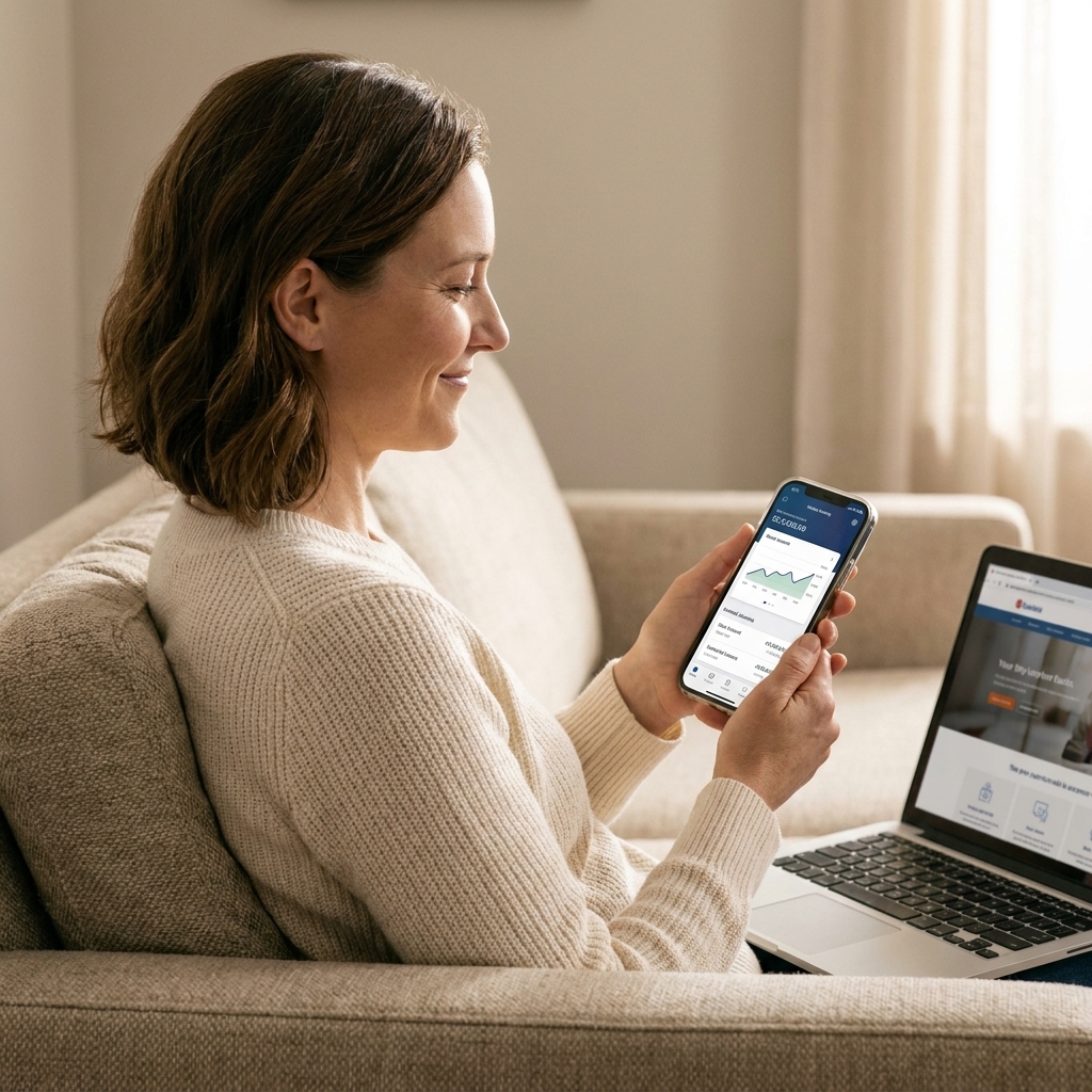 A person holding a smartphone open to a mobile banking app while sitting on a couch with a laptop nearby