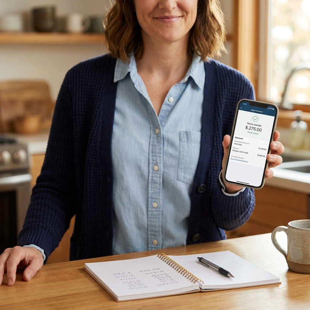 A person holding a smartphone showing a bank transfer screen, with a notebook open on the counter nearby