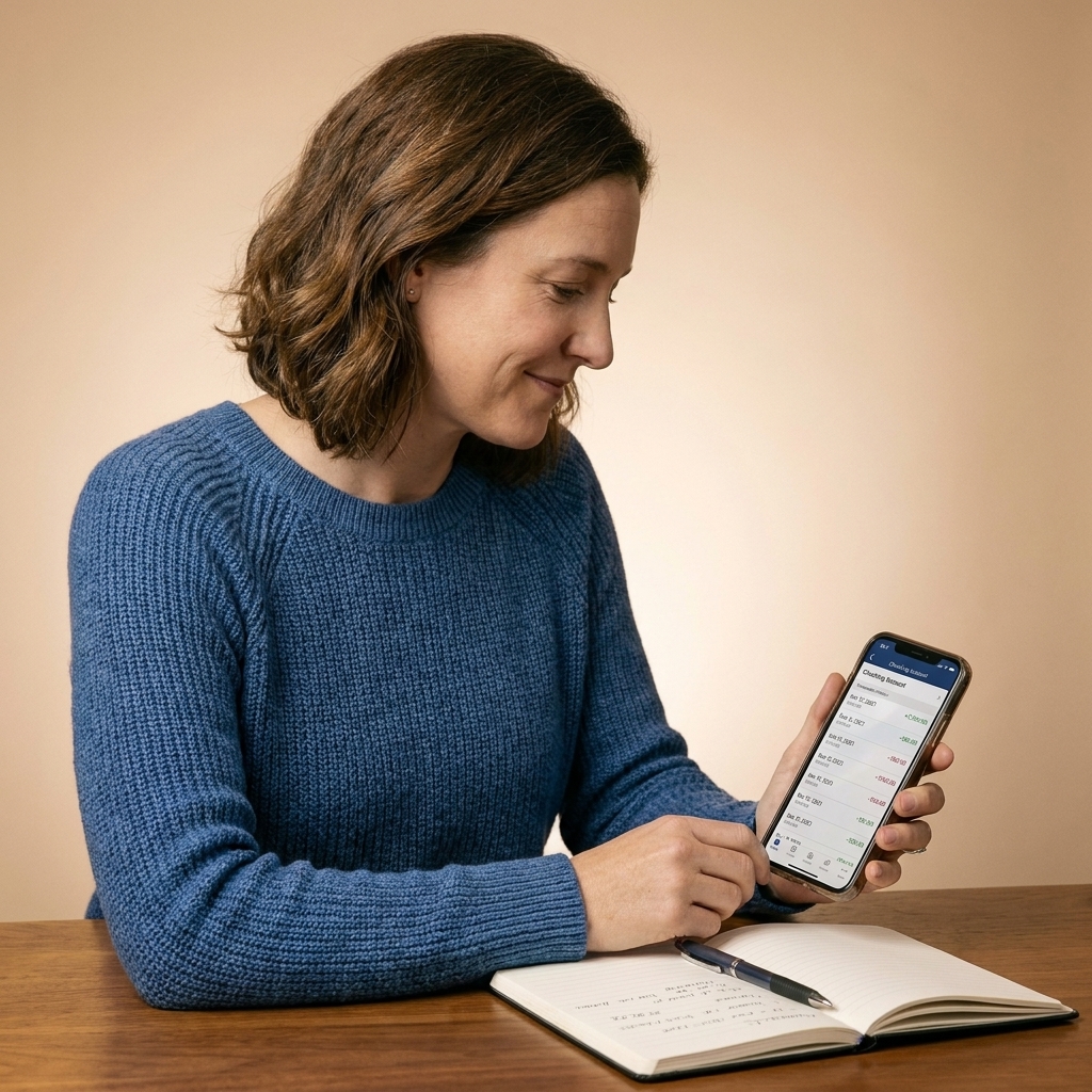 A person holding a smartphone showing a checking account transaction history screen while sitting at a table with a pen and notepad