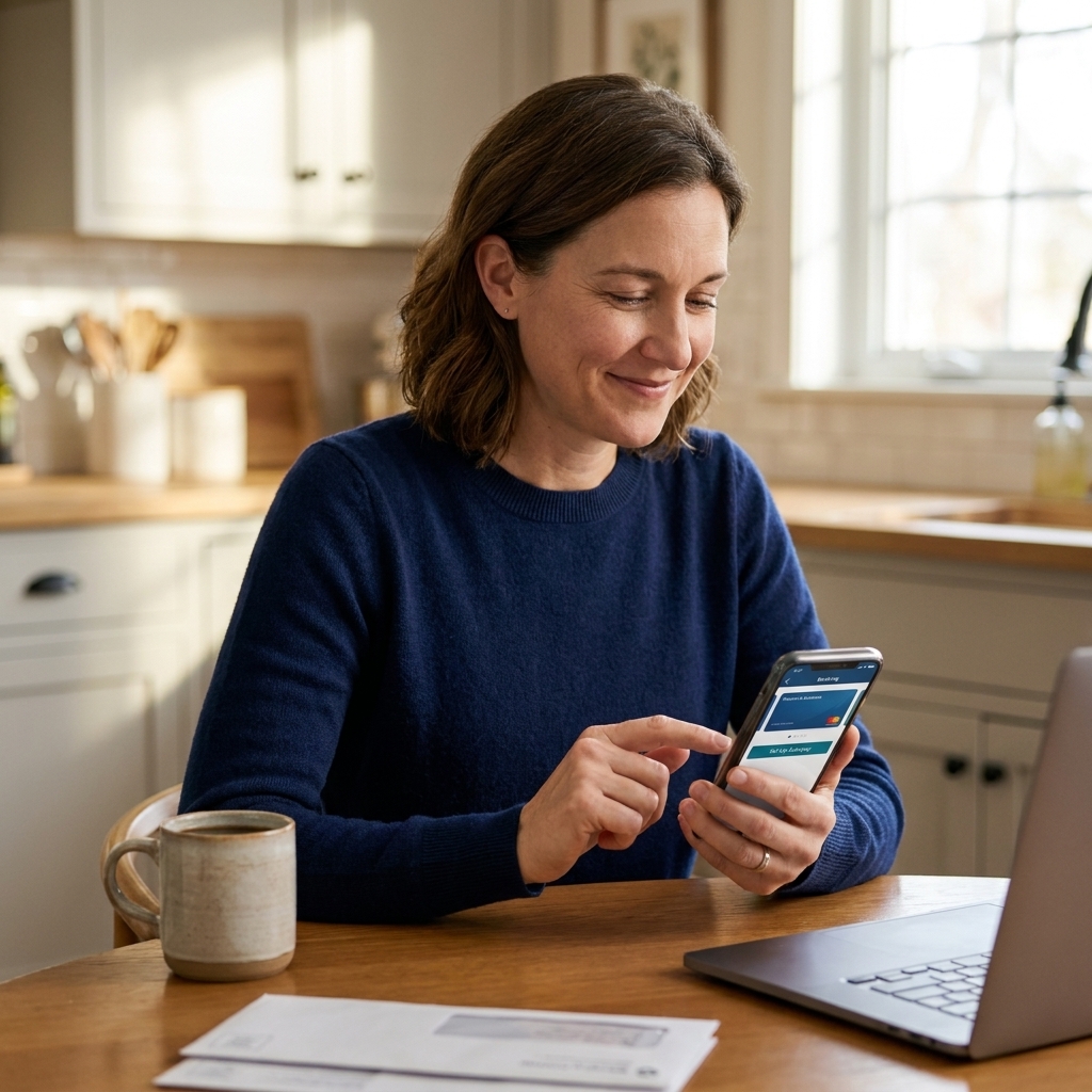 A person holding a smartphone while setting up automatic payments in a banking app at a kitchen table