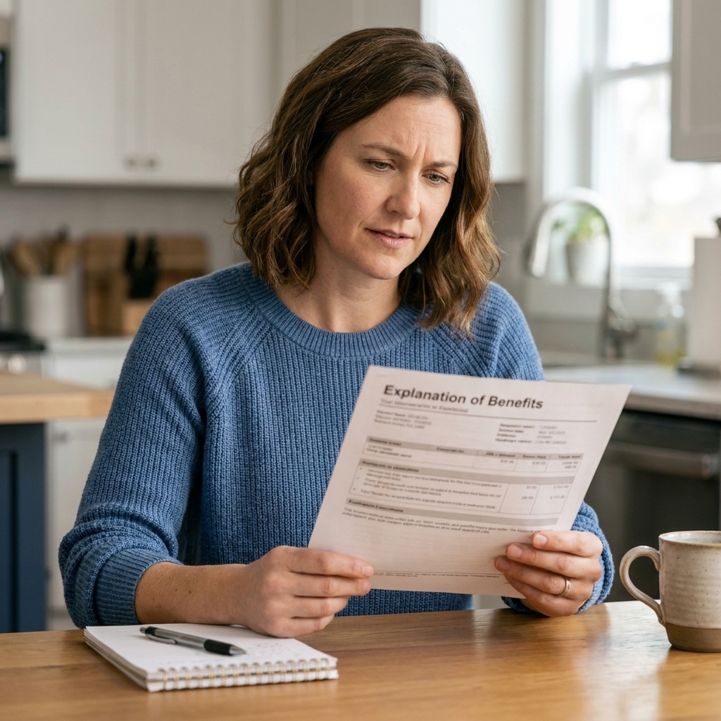 A person holding an explanation of benefits letter at a kitchen table next to a pen and a notepad