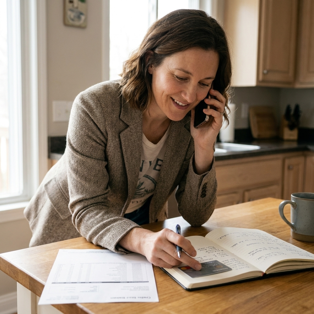 A person leaning over a kitchen table with a notebook open, speaking on the phone while reviewing a credit card statement