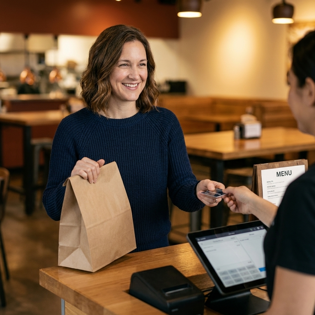 A person paying at a restaurant pickup counter while holding a paper takeout bag