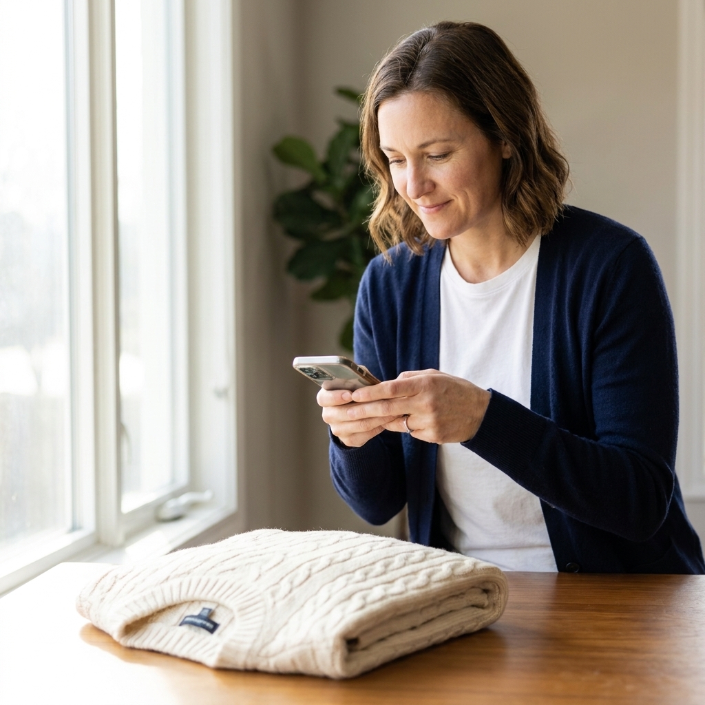 A person photographing a folded sweater with a smartphone near a bright window