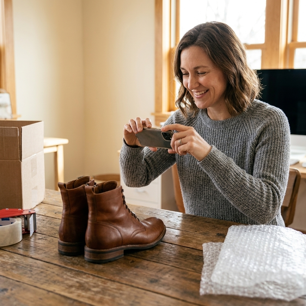 A person photographing a pair of shoes on a wooden table to list them for sale online, with packing materials nearby